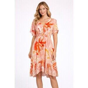 🌺 ABEL THE LABEL FLORAL MIDI DRESS FLUTTER SLEEVE V-NECK LARGE GUC￼🌺